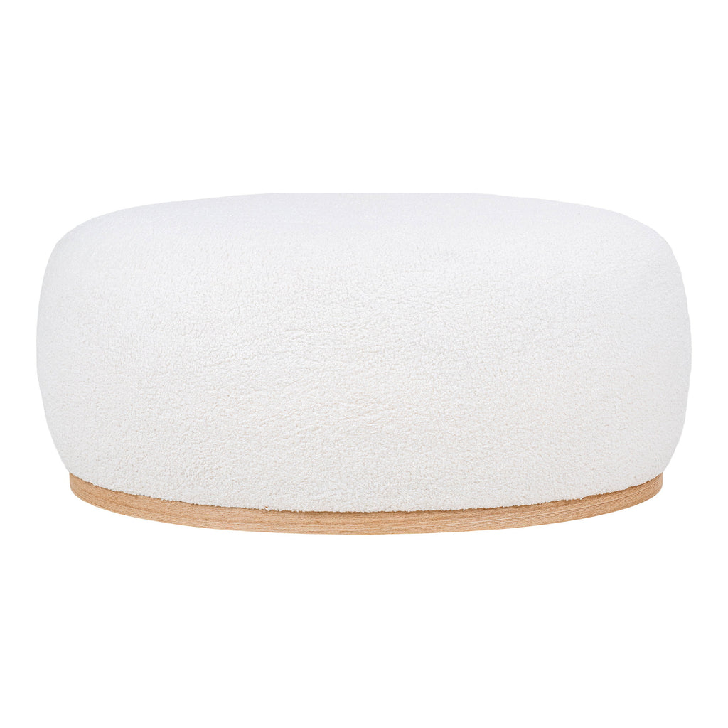 Pouf Manhattan bouclé blanc ovale XXL socle bois naturel vue de face