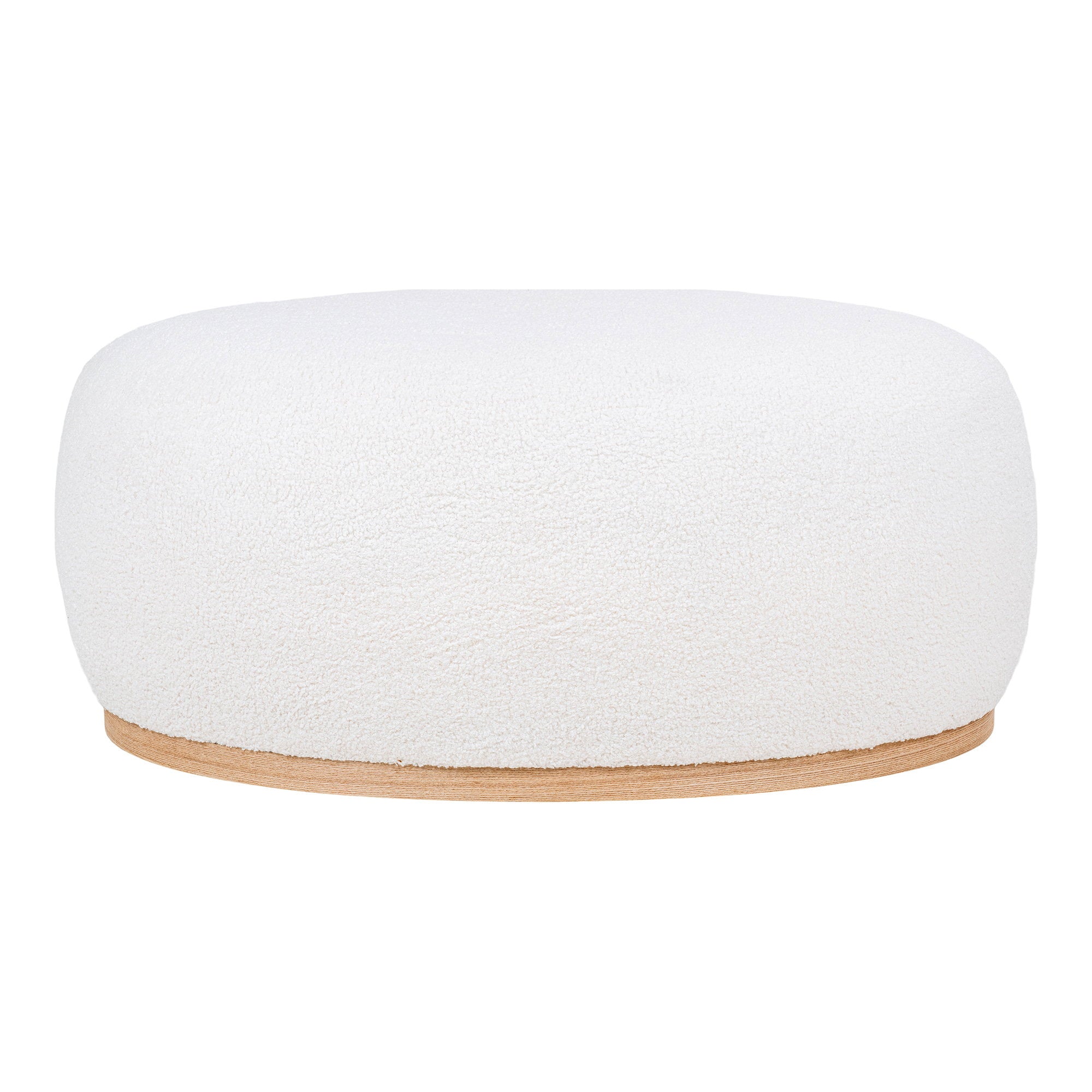 Pouf Manhattan bouclé blanc ovale XXL socle bois naturel vue de face