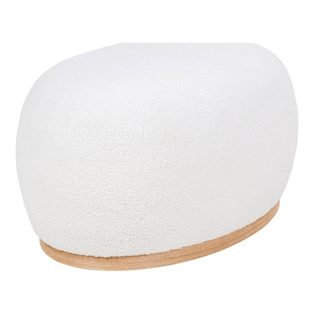 Pouf Manhattan grand format bouclé blanc socle bois vue trois quarts arrière