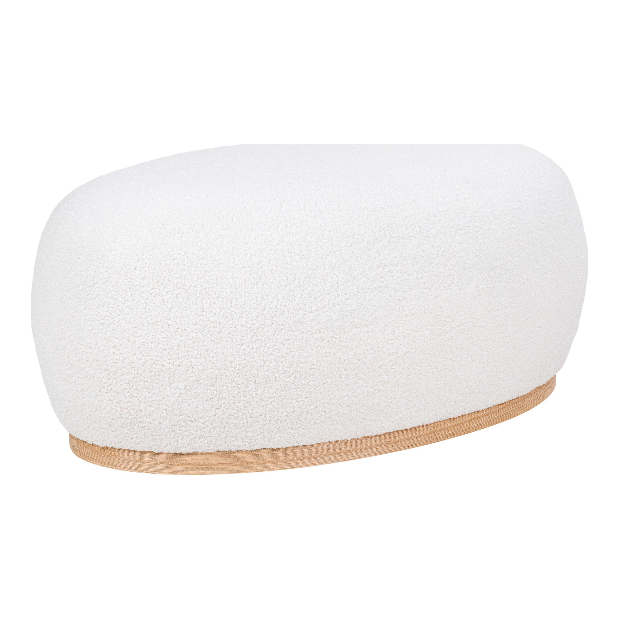 Pouf Manhattan ovale bouclé blanc socle bois naturel vue trois quarts face