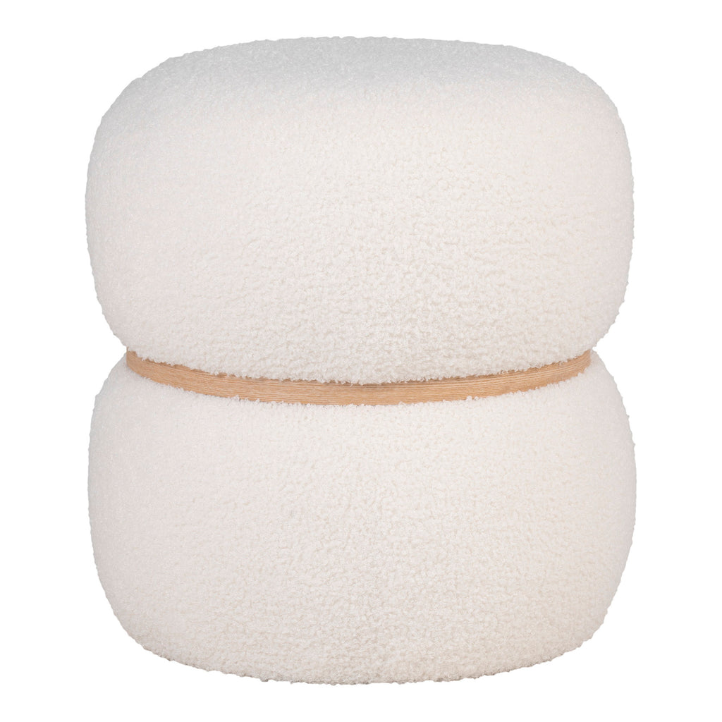 Pouf Milford bouclé blanc Ø38 cm ceinture bois naturel double galbe vue de face