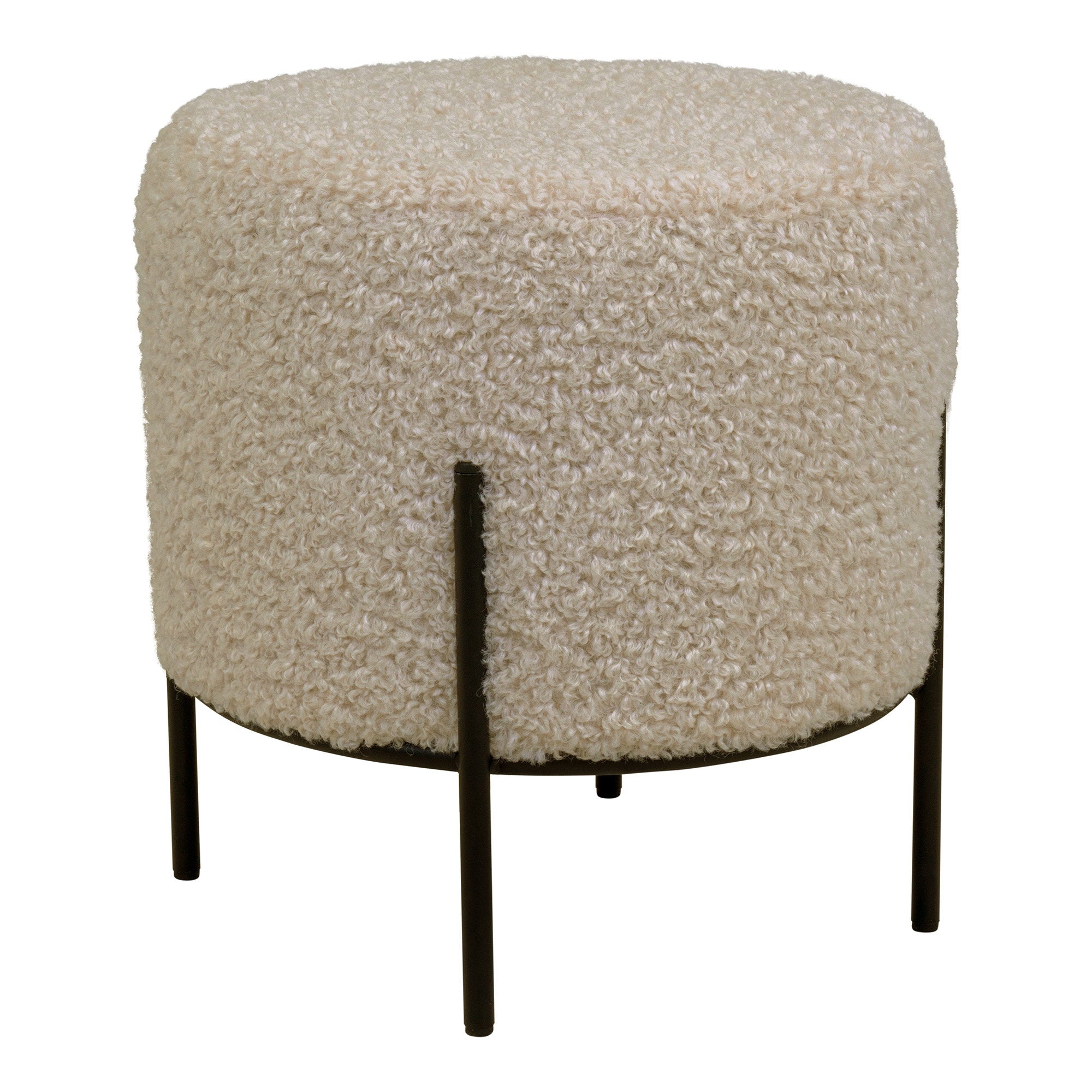 Pouf Alford bouclette teddy crème Ø35,5 cm pieds métal noir vue trois quarts