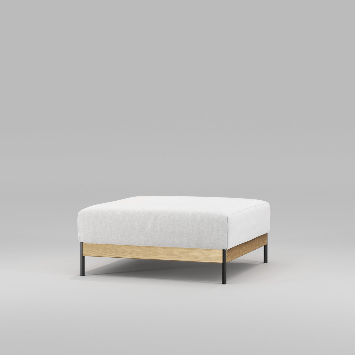 Pouf Bowie en chêne et tissu gris clair vu de trois quarts
