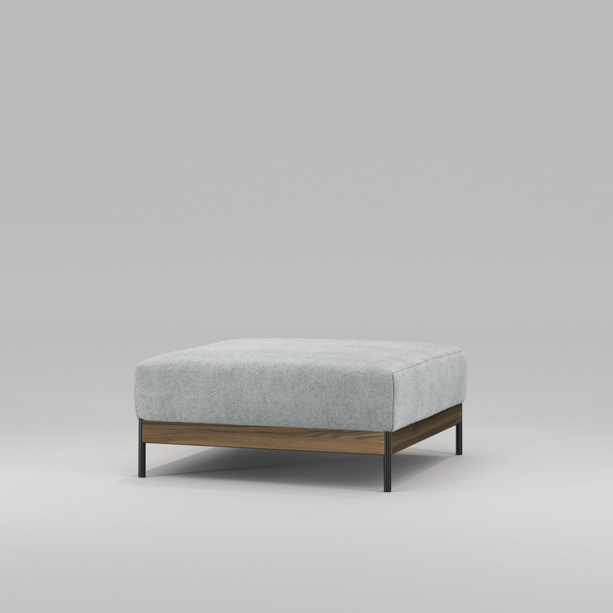 Pouf Bowie en noyer et tissu gris-vert vu de trois quarts