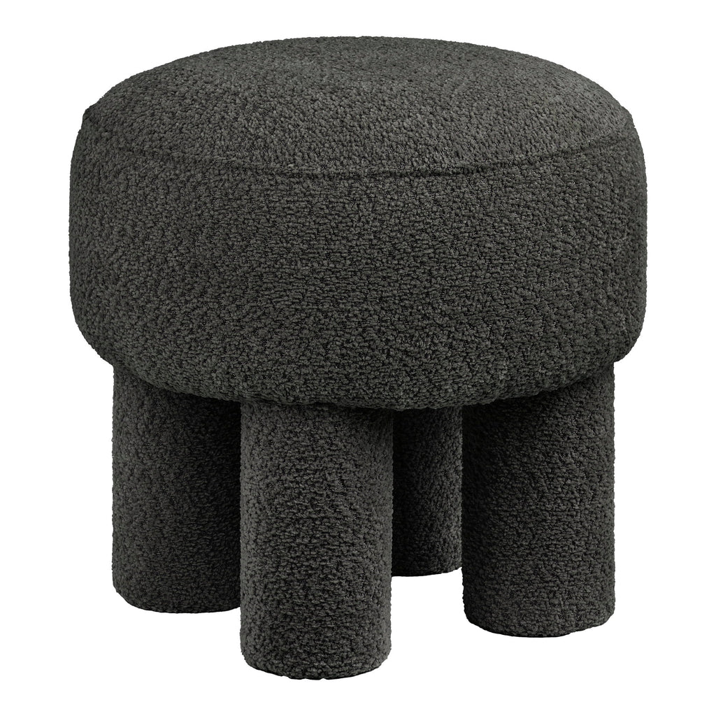 Pouf Canberra bouclé anthracite assise bombée vue trois quarts