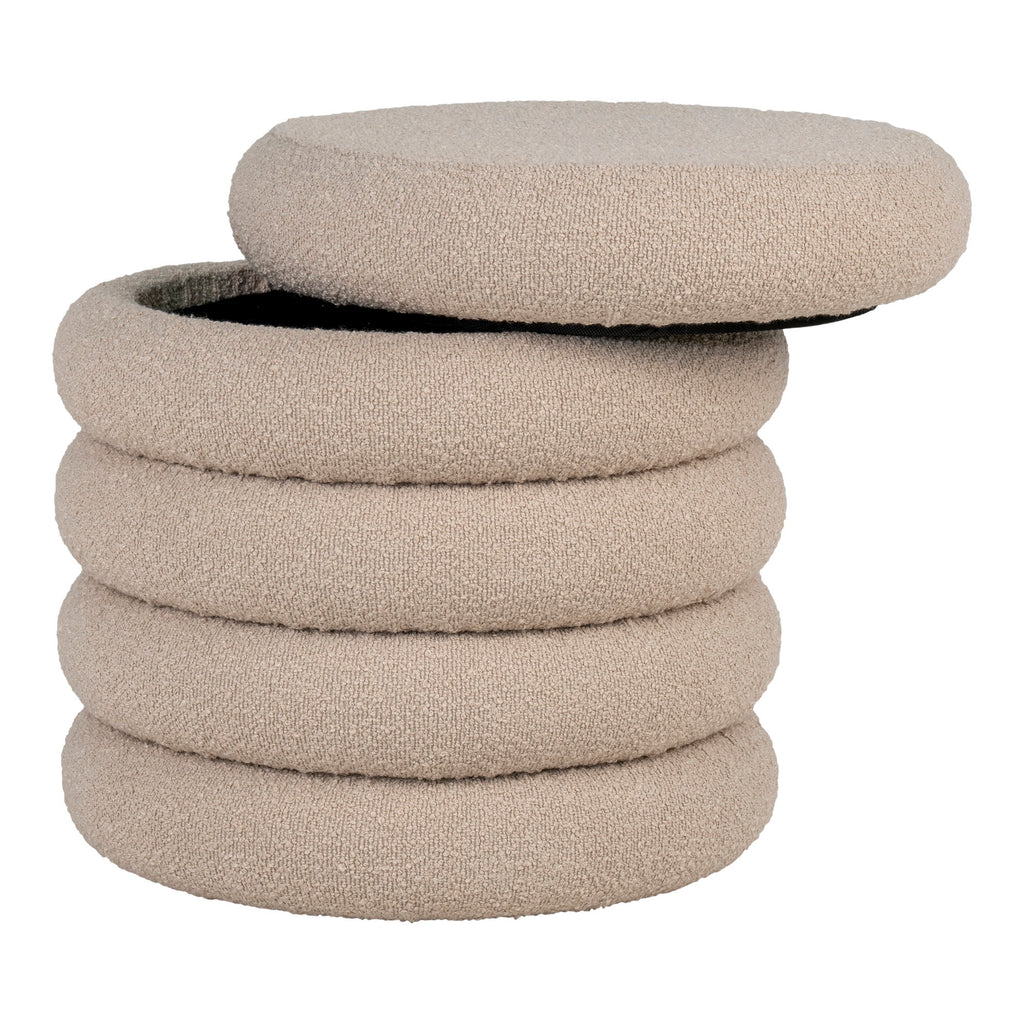 Pouf Brooklyn bouclé beige couvercle ouvert rangement intégré vue trois quarts