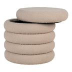 Pouf Brooklyn bouclé beige couvercle ouvert rangement intégré vue trois quarts