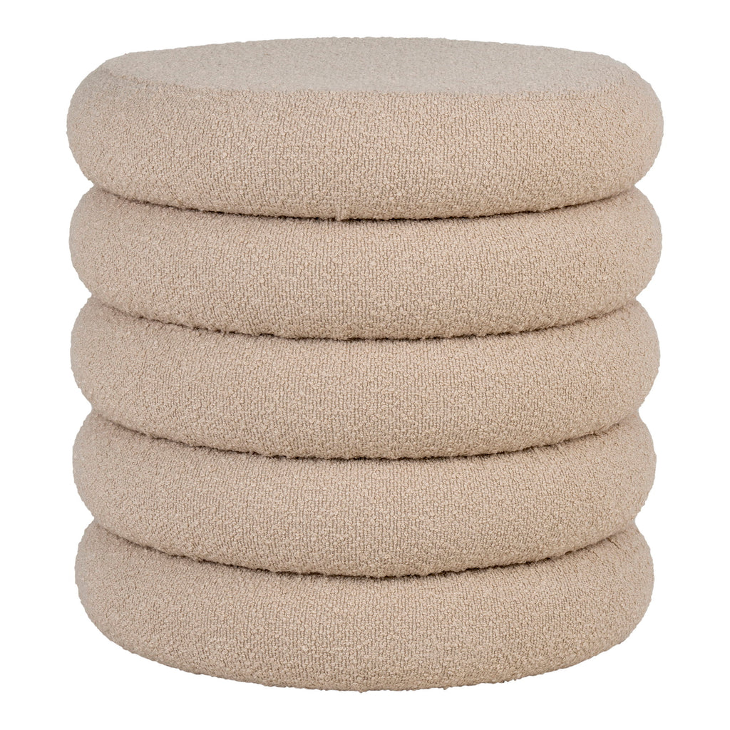 Pouf Brooklyn bouclé beige totem 4 bourrelets Ø44 cm vue de face