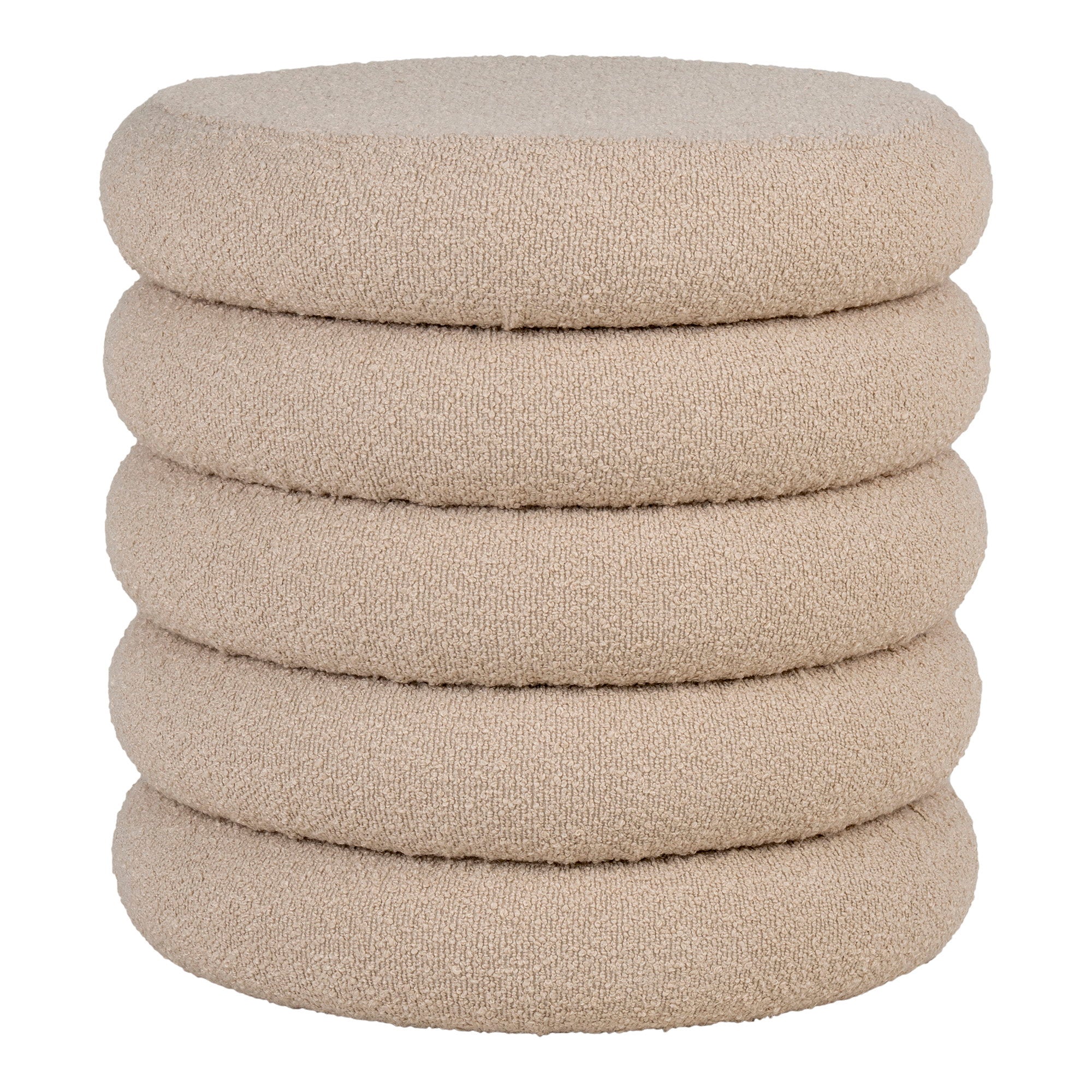 Pouf Brooklyn bouclé beige totem 4 bourrelets Ø44 cm vue de face
