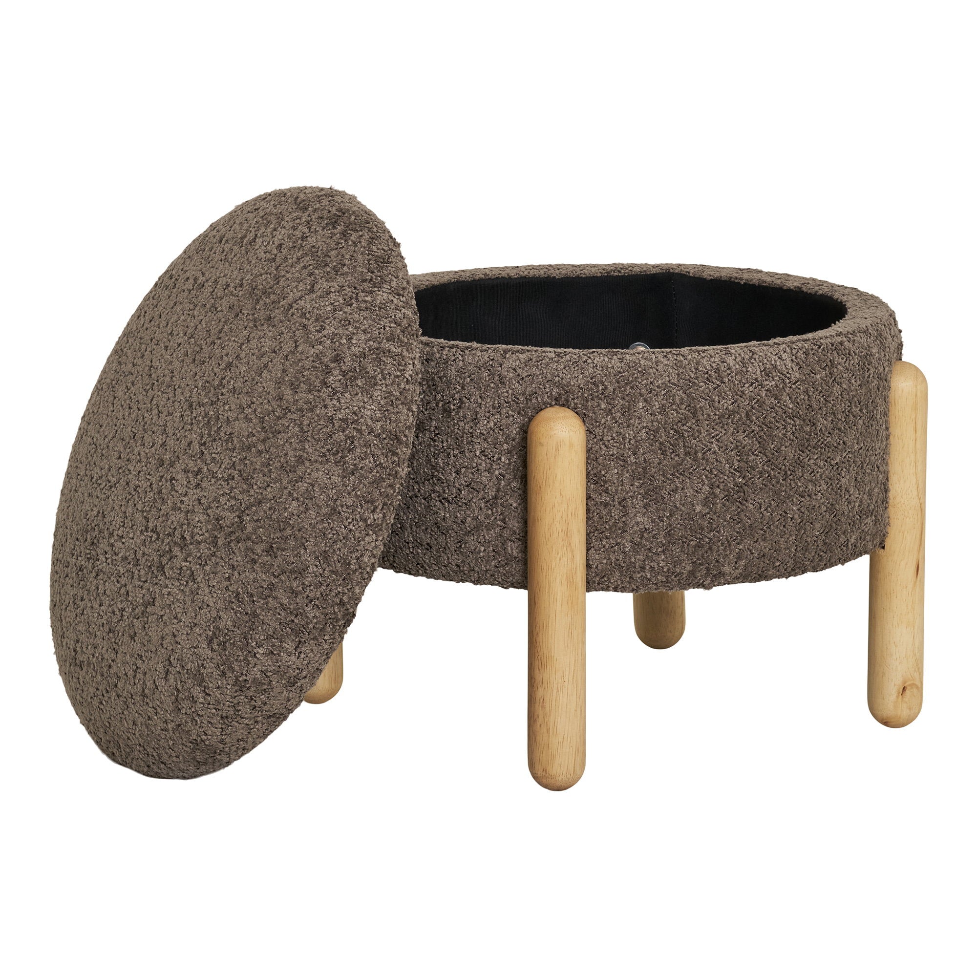 Pouf Medas bouclé brun couvercle ouvert rangement intégré pieds bois naturel