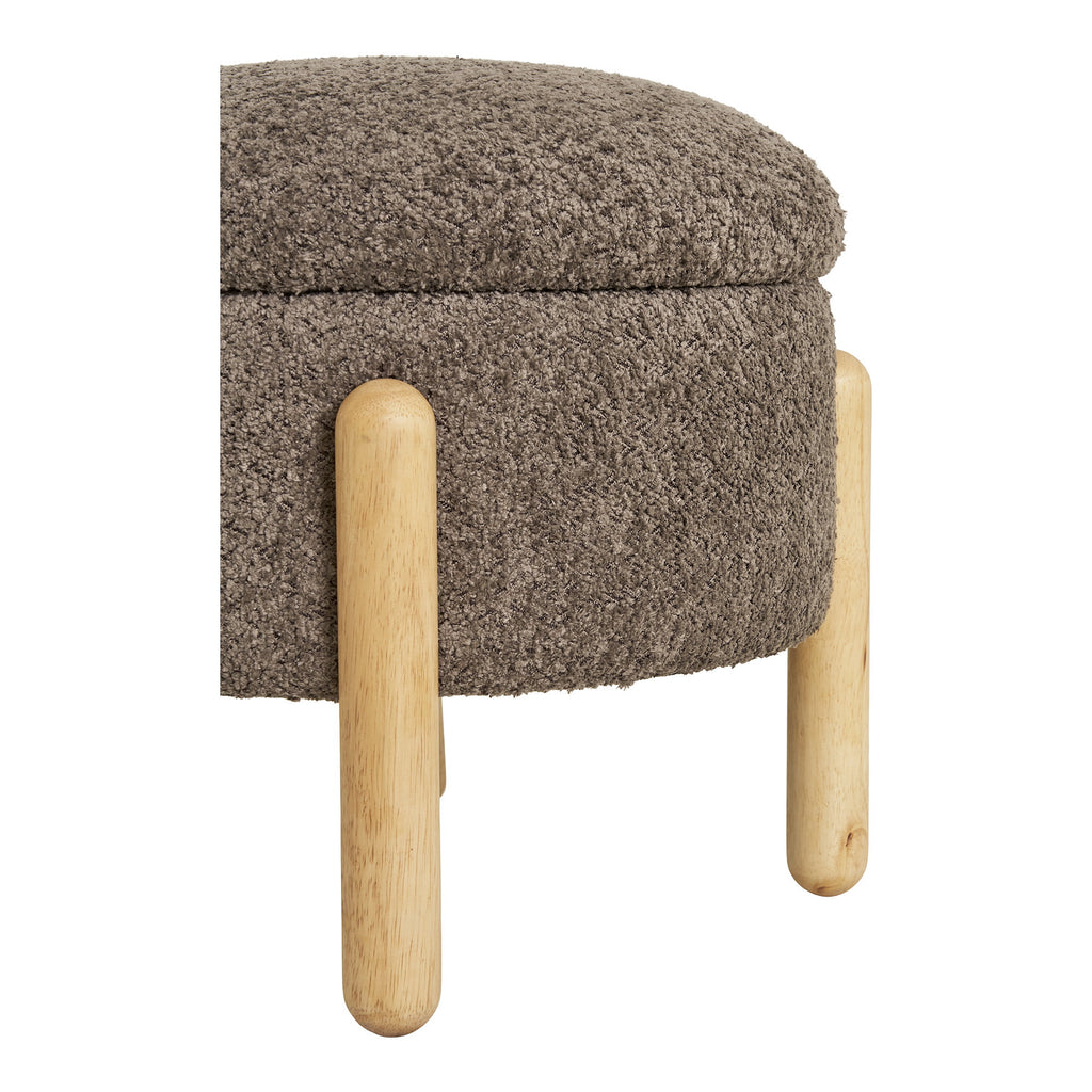 Pouf Medas bouclé brun détail pieds bois naturel arrondis couvercle visible