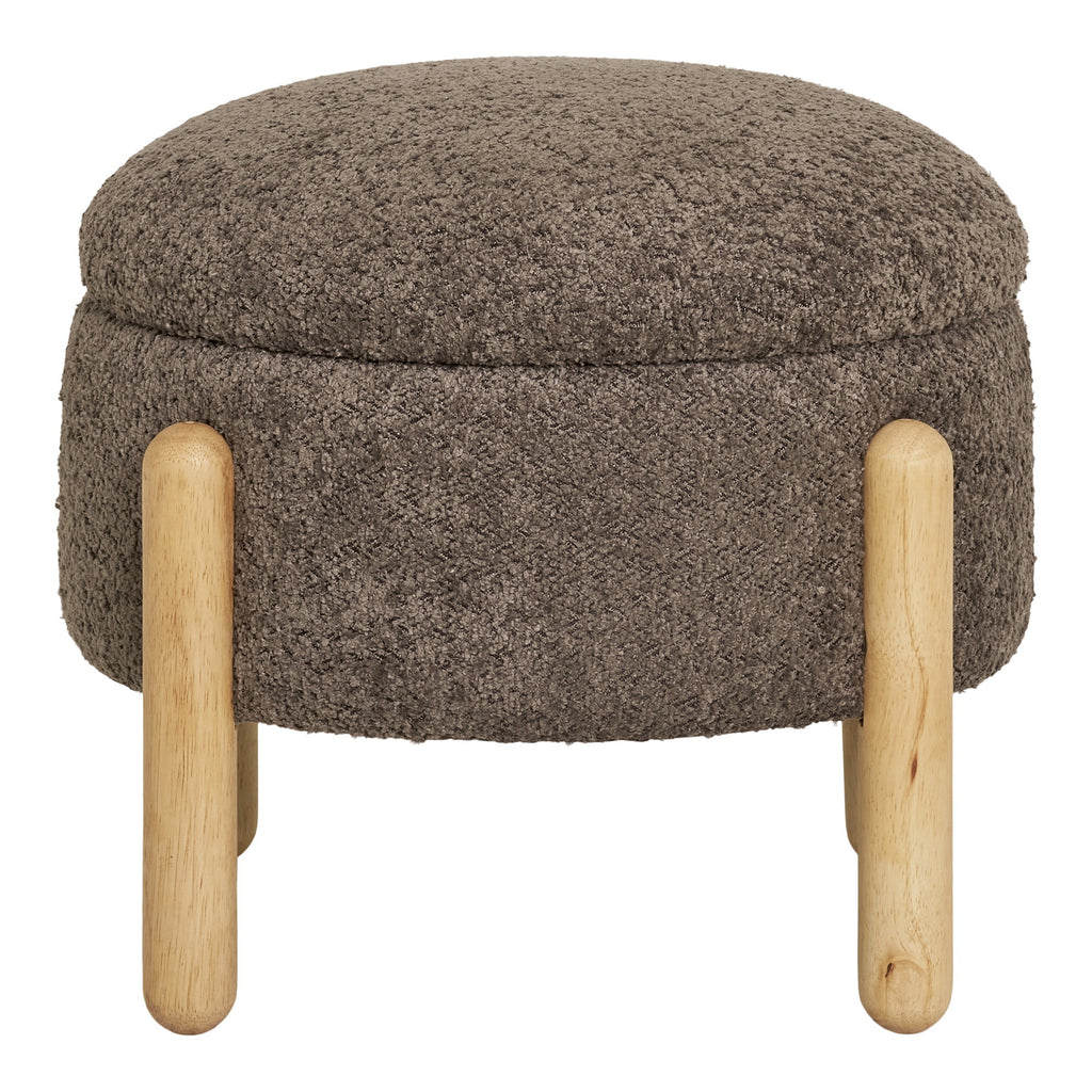 Pouf Medas bouclé brun Ø45 cm pieds bois naturel vue de face