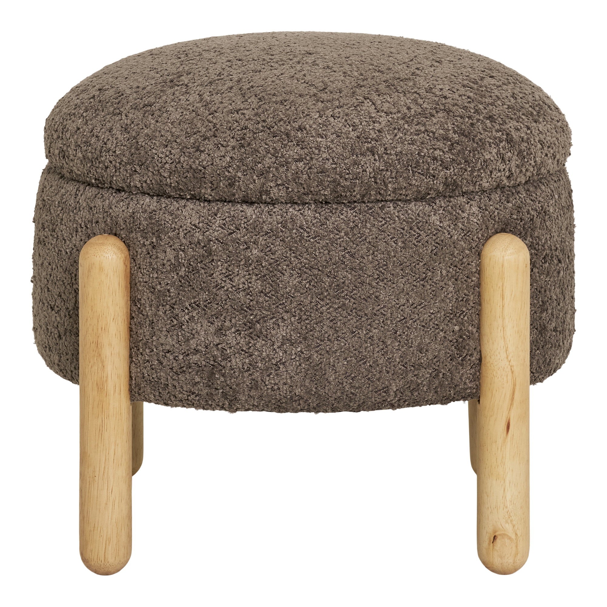 Pouf Medas bouclé brun Ø45 cm pieds bois naturel vue de face