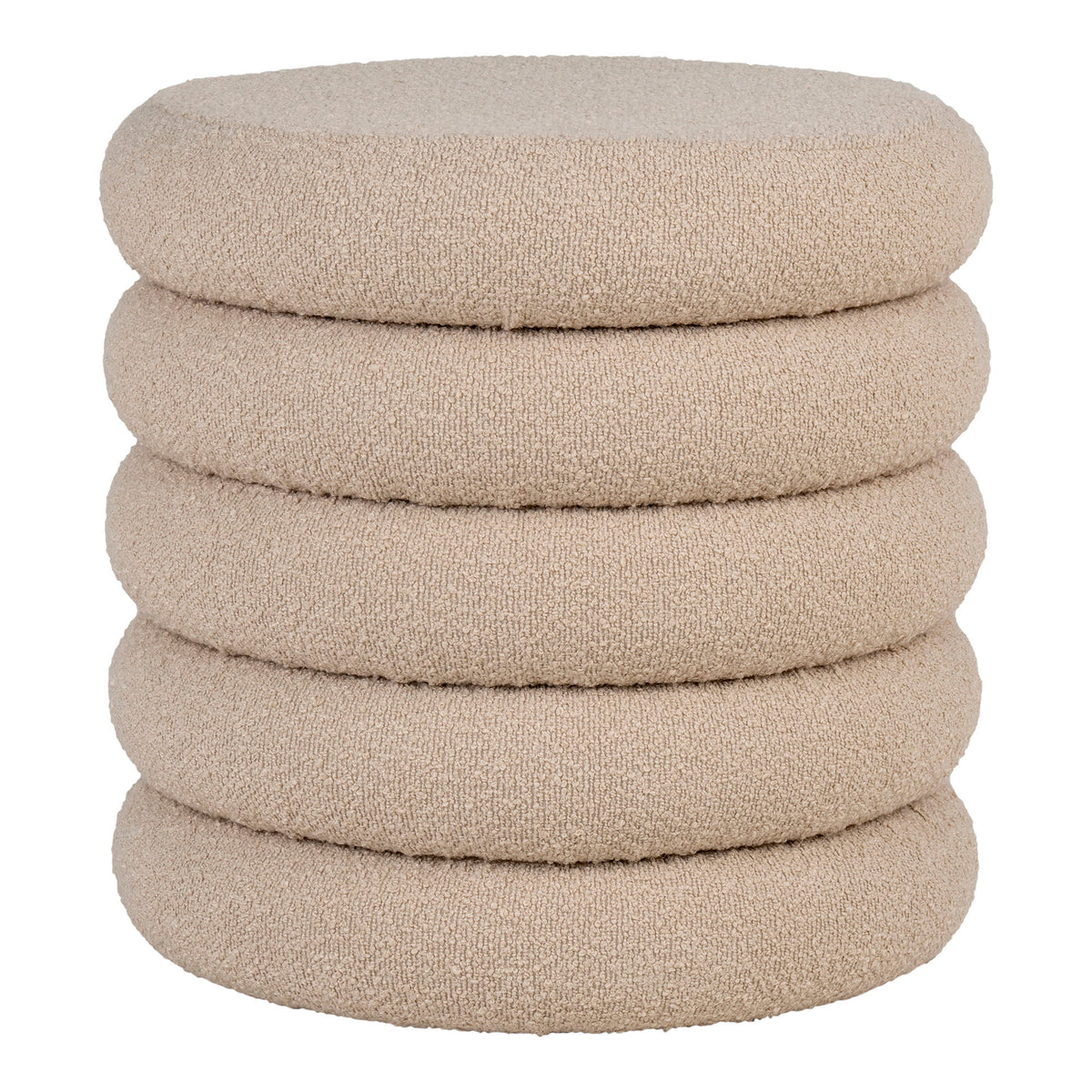 Pouf coffre Brooklyn bouclé beige vu de face cinq bourrelets empilés