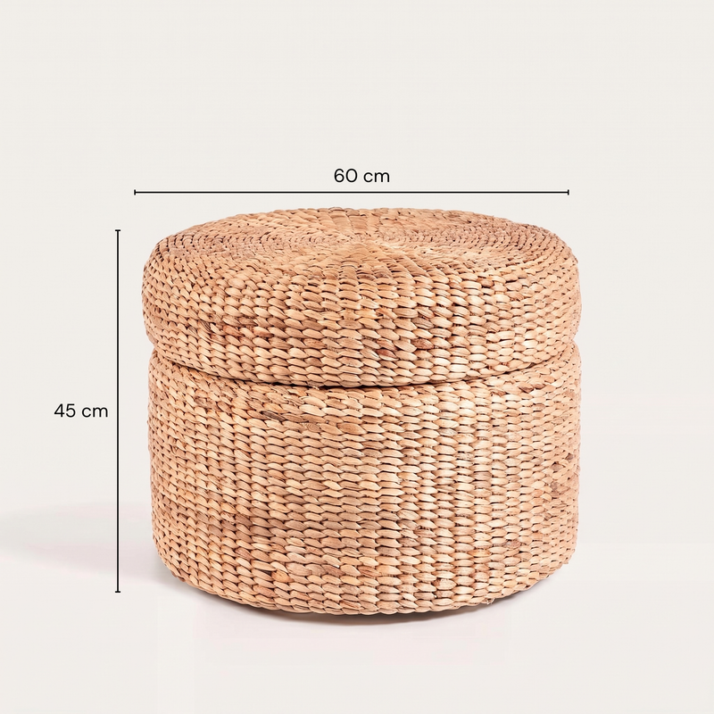Dimensions Pouf coffre rond en jacinthe d'eau tressée naturelle 60 cm