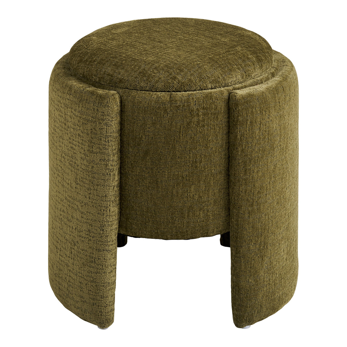 Pouf Walsdorf en chenille vert olive vu de face entre deux ailettes arrondies