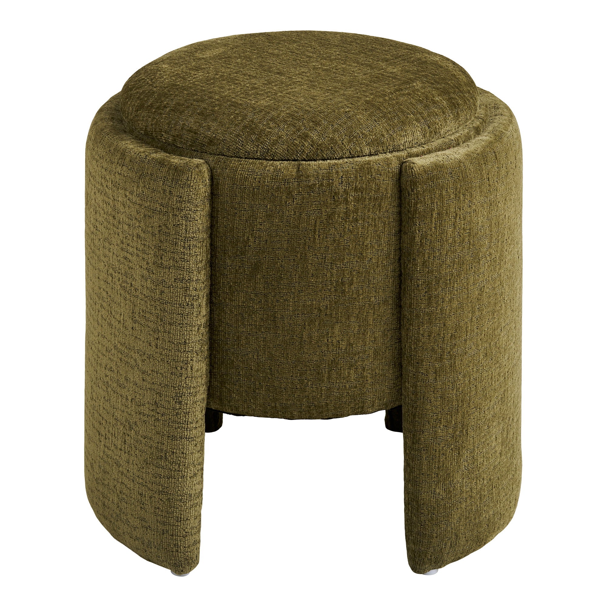 Pouf coffre Walsdorf chenille vert olive vue de face ailettes arrondies