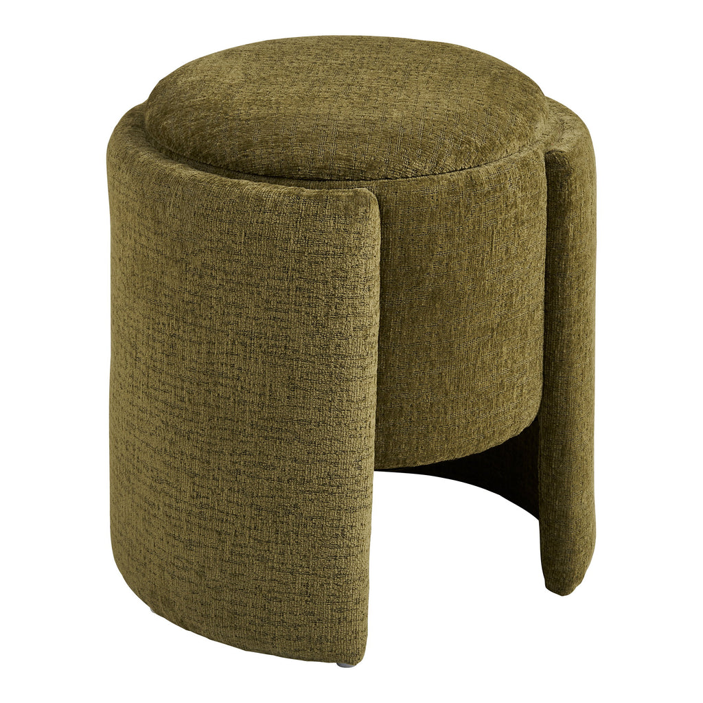Pouf coffre Walsdorf chenille vert olive ailettes ø42x44 cm vue trois quarts