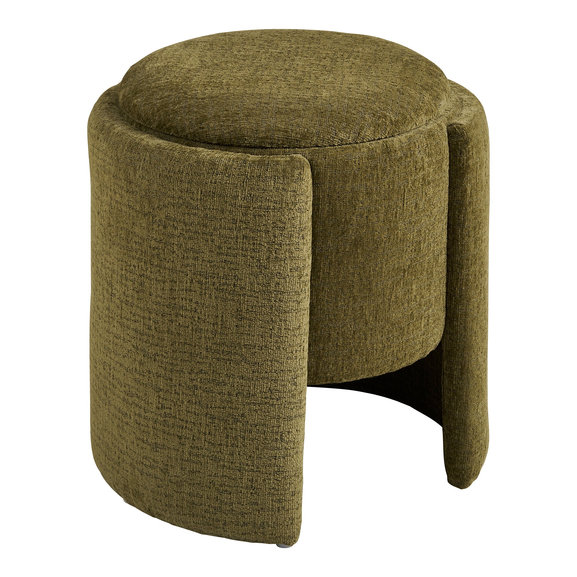 Pouf coffre Walsdorf chenille vert olive ailettes ø42x44 cm vue trois quarts