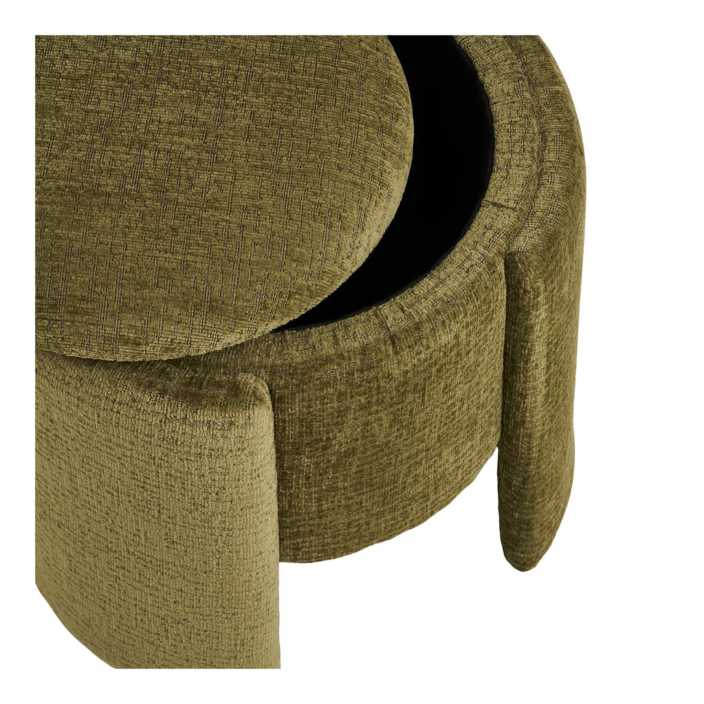 Détail texture chenille vert olive ailettes arrondies pouf Walsdorf gros plan