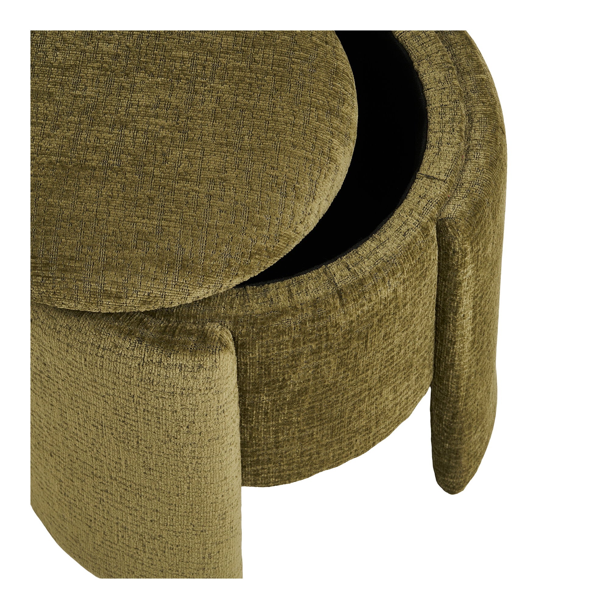 Détail texture chenille vert olive ailettes arrondies pouf Walsdorf gros plan