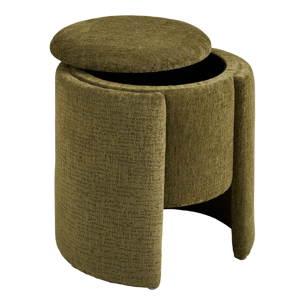 Pouf coffre Walsdorf ouvert rangement intégré chenille vert vue trois quarts