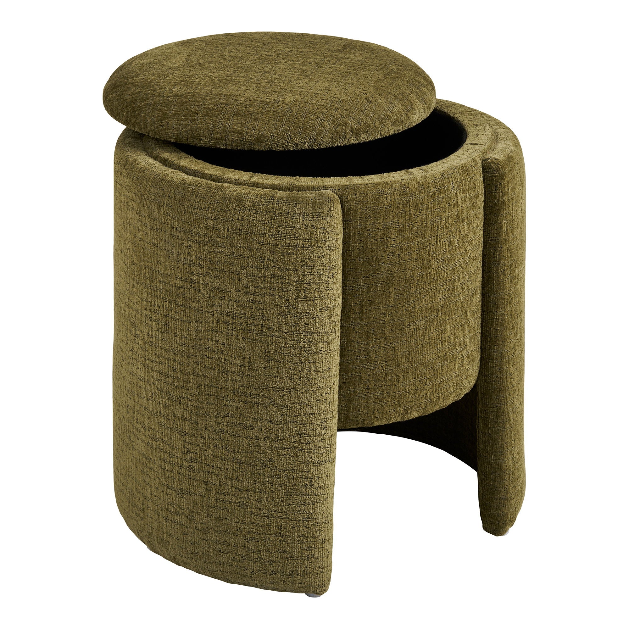 Pouf coffre Walsdorf ouvert rangement intégré chenille vert vue trois quarts