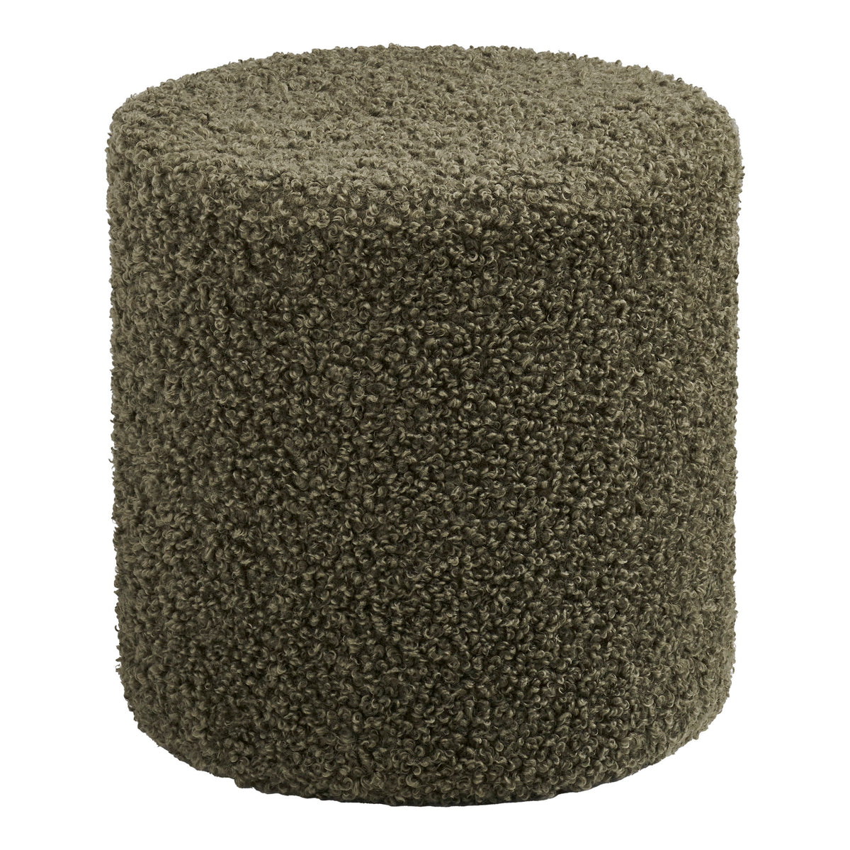 Pouf cylindrique Ejby teddy vert kaki vu de face sur fond blanc