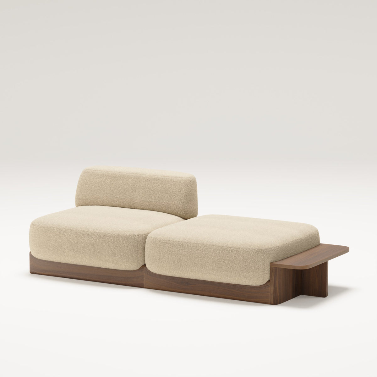 Pouf Dome en noyer et tissu beige accolé à une chauffeuse Dome, en méridienne