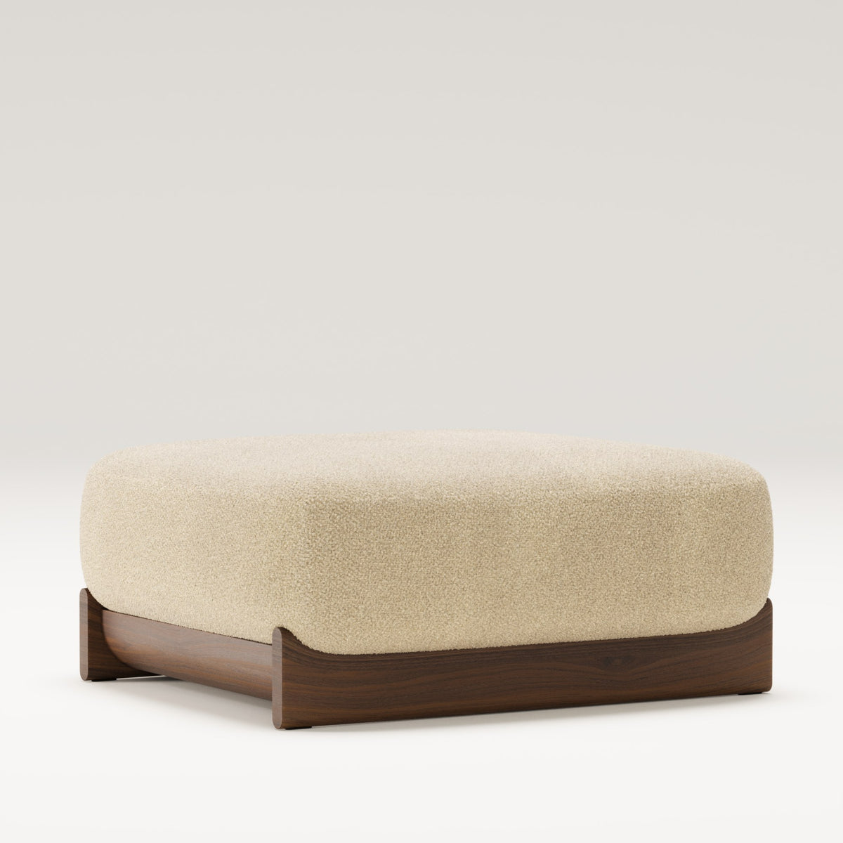 Pouf Dome en noyer et tissu beige vu de trois quarts