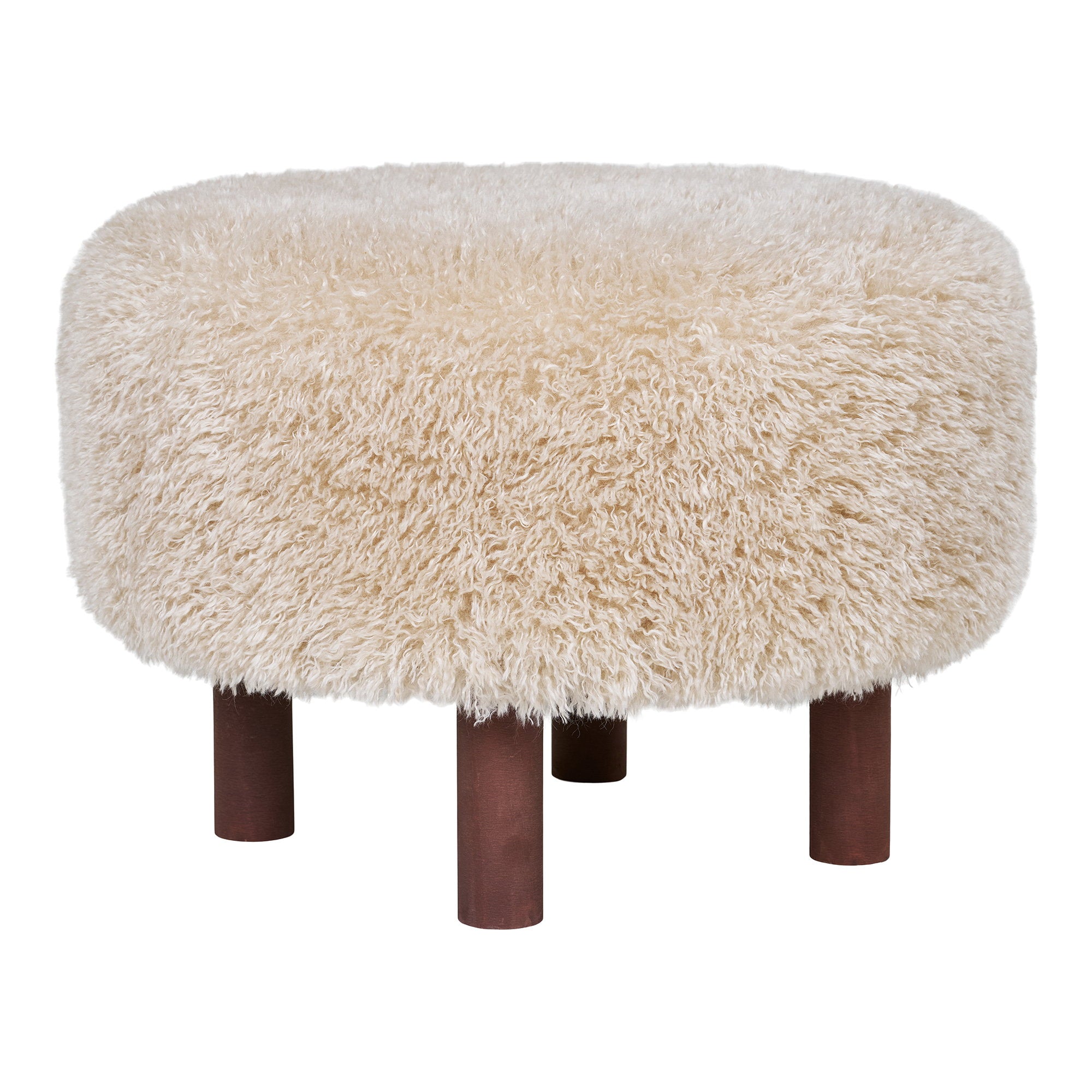 Pouf Inverness fausse fourrure beige pieds brun ø50x36 cm vue trois quarts