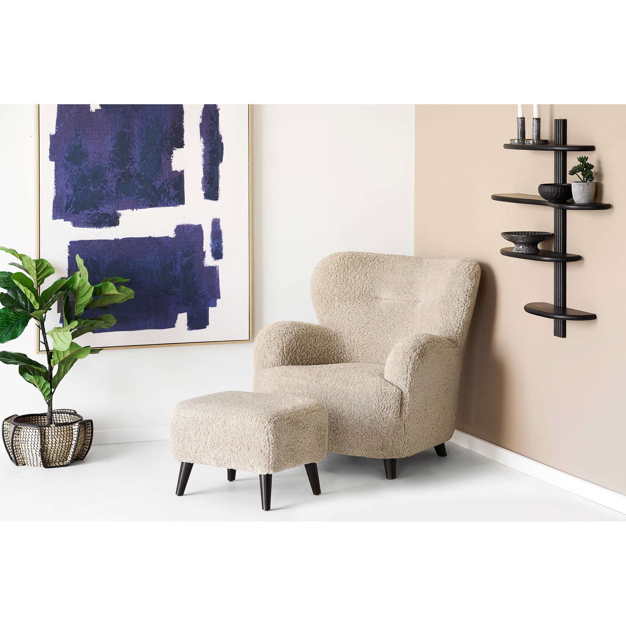 Pouf Lunaro bouclé beige rectangulaire pieds bois en situation