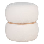 Pouf Milford en teddy blanc vue de face deux volumes bombés et ceinture en bois naturel