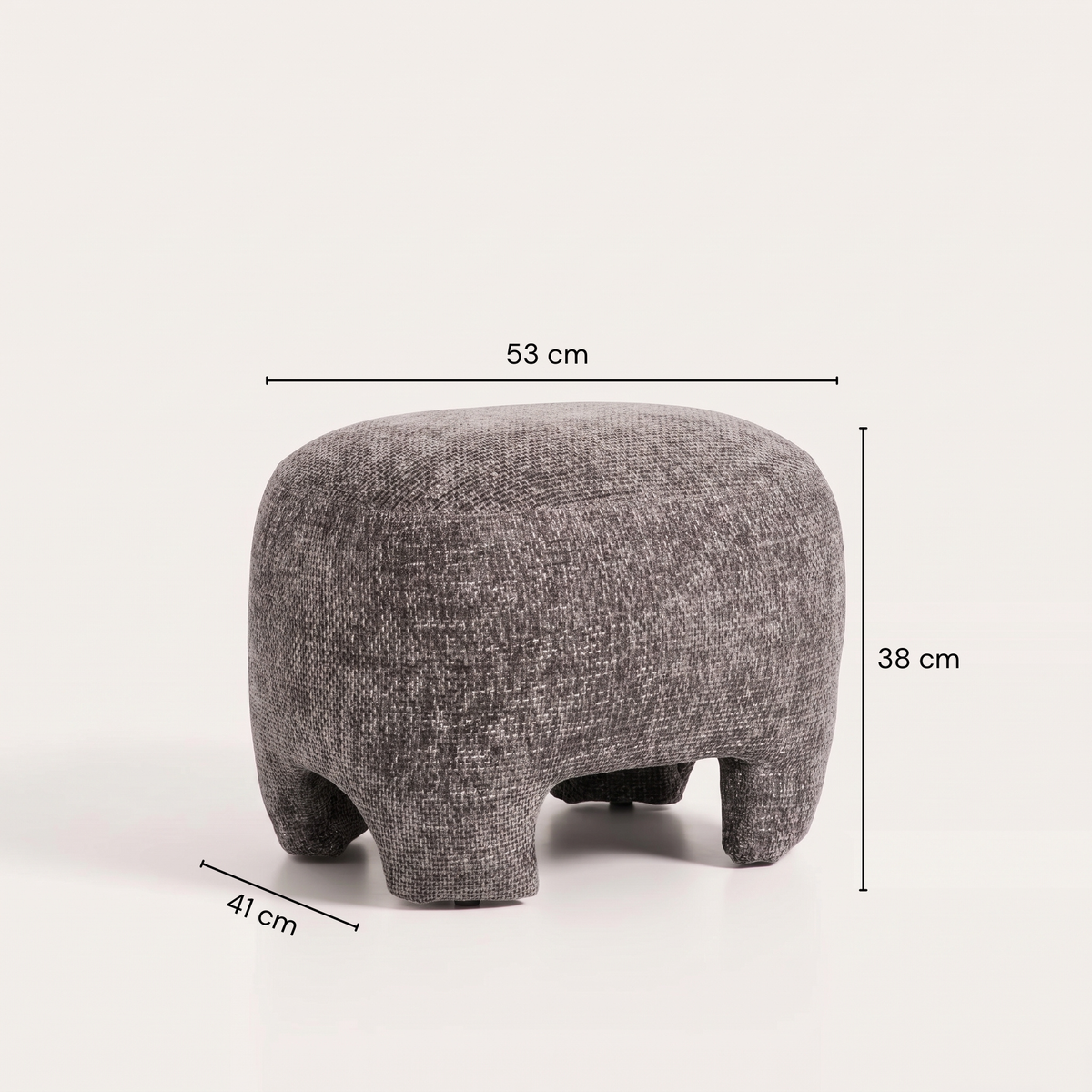 Croquis coté du pouf Nazare : 53 cm de large, 41 cm de profondeur, 38 cm de haut