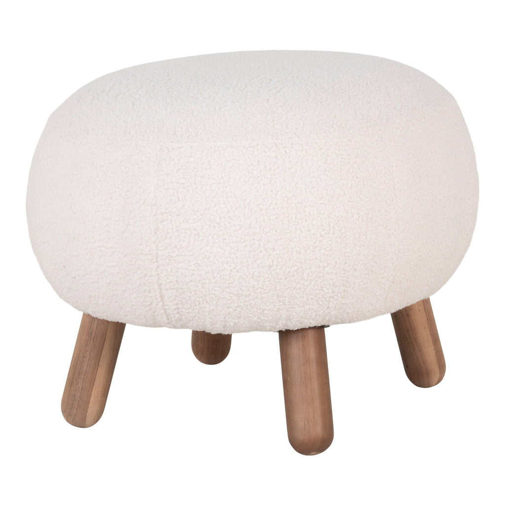 Pouf Savona bouclette blanc naturel forme arrondie pieds bois noyer vue arrière