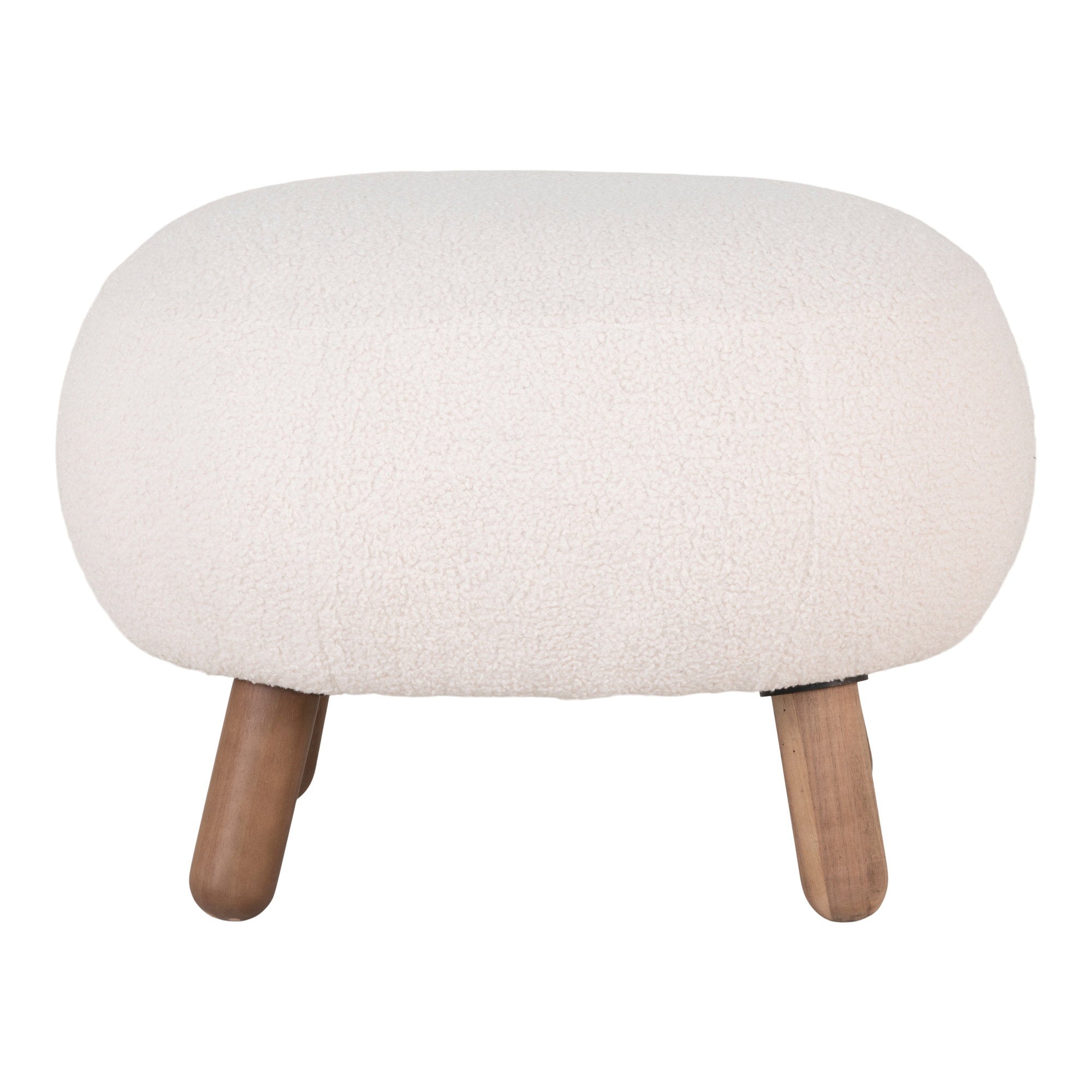 Pouf repose-pieds Savona imitation agneau blanc vue de face pieds noyer