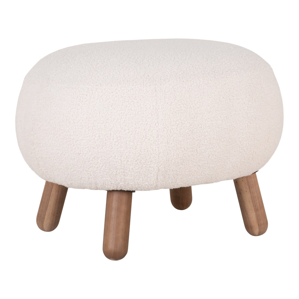 Pouf Savona bouclette blanche 56x47 cm pieds bois effet noyer vue trois quarts