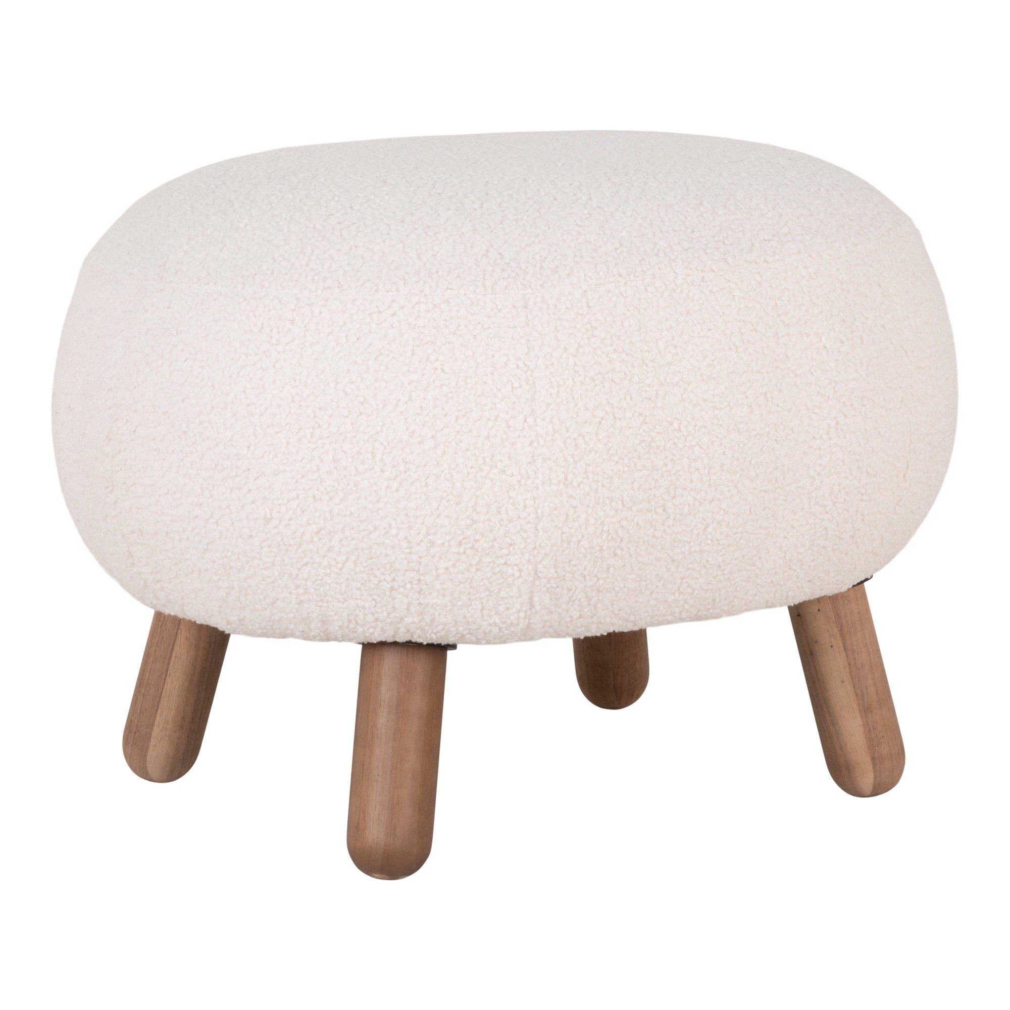 Pouf Savona bouclette blanche 56x47 cm pieds bois effet noyer vue trois quarts