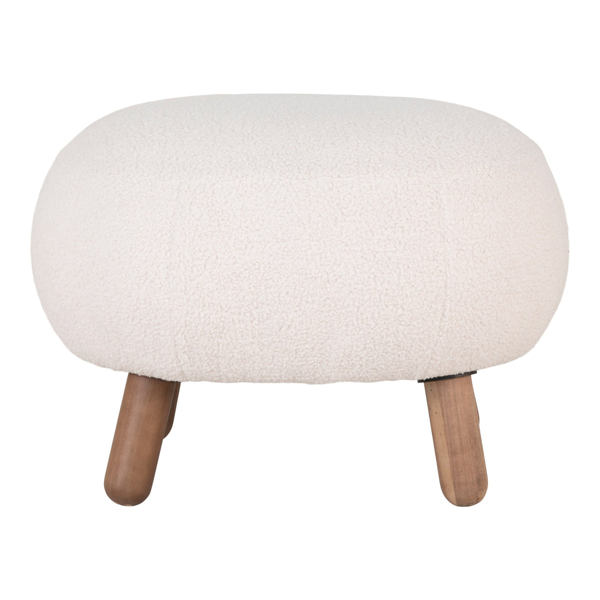 Pouf repose-pieds Savona en bouclette blanche vu de face avec sa forme ovale et ses pieds arrondis
