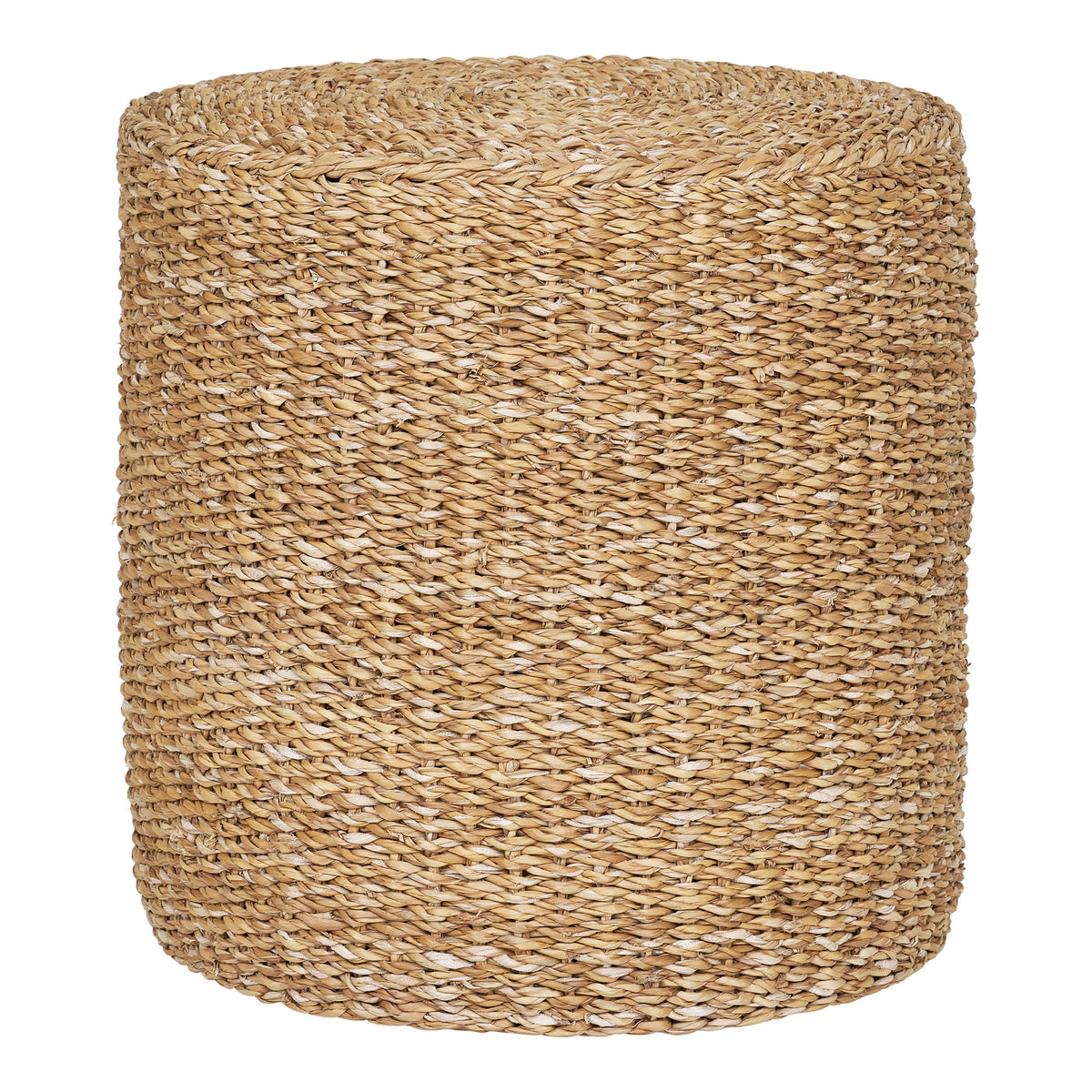 Pouf Rivera en jonc de mer naturel tressé de forme cylindrique vu de face