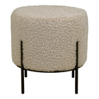 Pouf rond Alford bouclette crème vu de face pieds reliés par un cercle en acier noir
