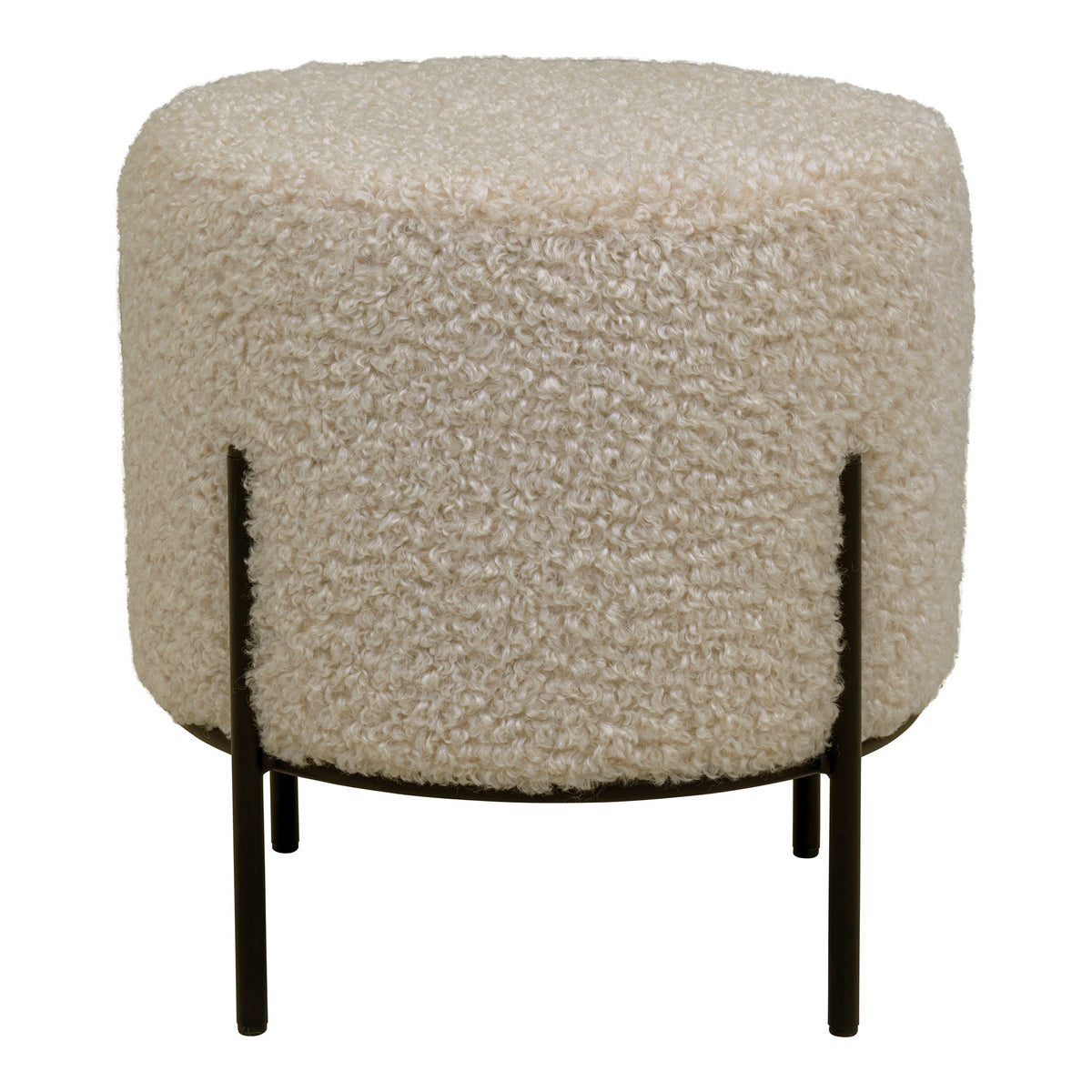 Pouf rond Alford bouclette crème vu de face pieds reliés par un cercle en acier noir