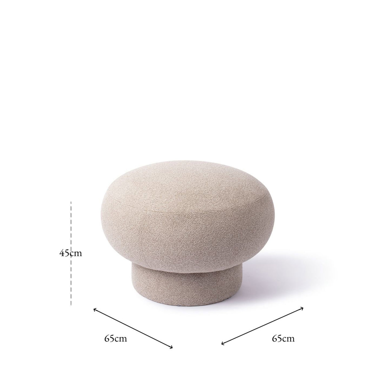Pouf Anoo beige avec ses cotes 65 cm de diamètre et 45 cm de haut
