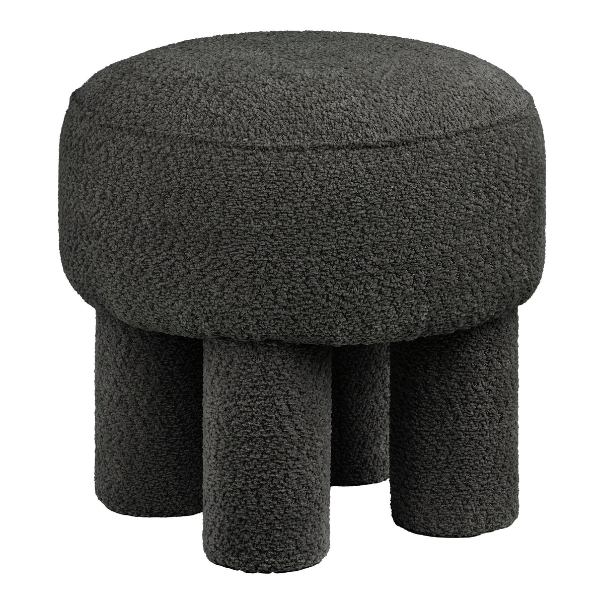 Pouf rond Canberra anthracite vu de trois quarts sur ses quatre pieds cylindriques gainés
