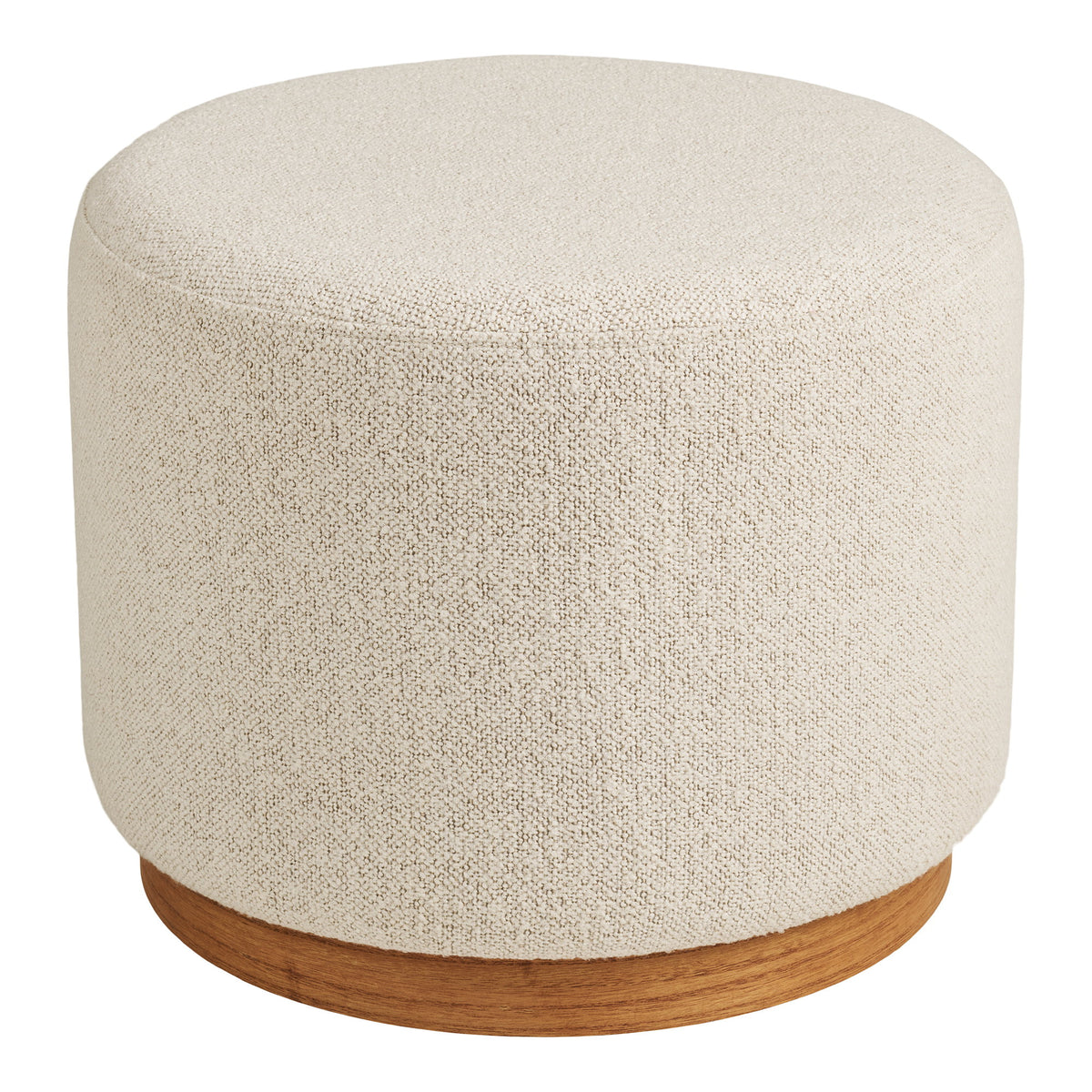 Pouf rond Daisy en bouclé sable vu de face sur son socle en bois