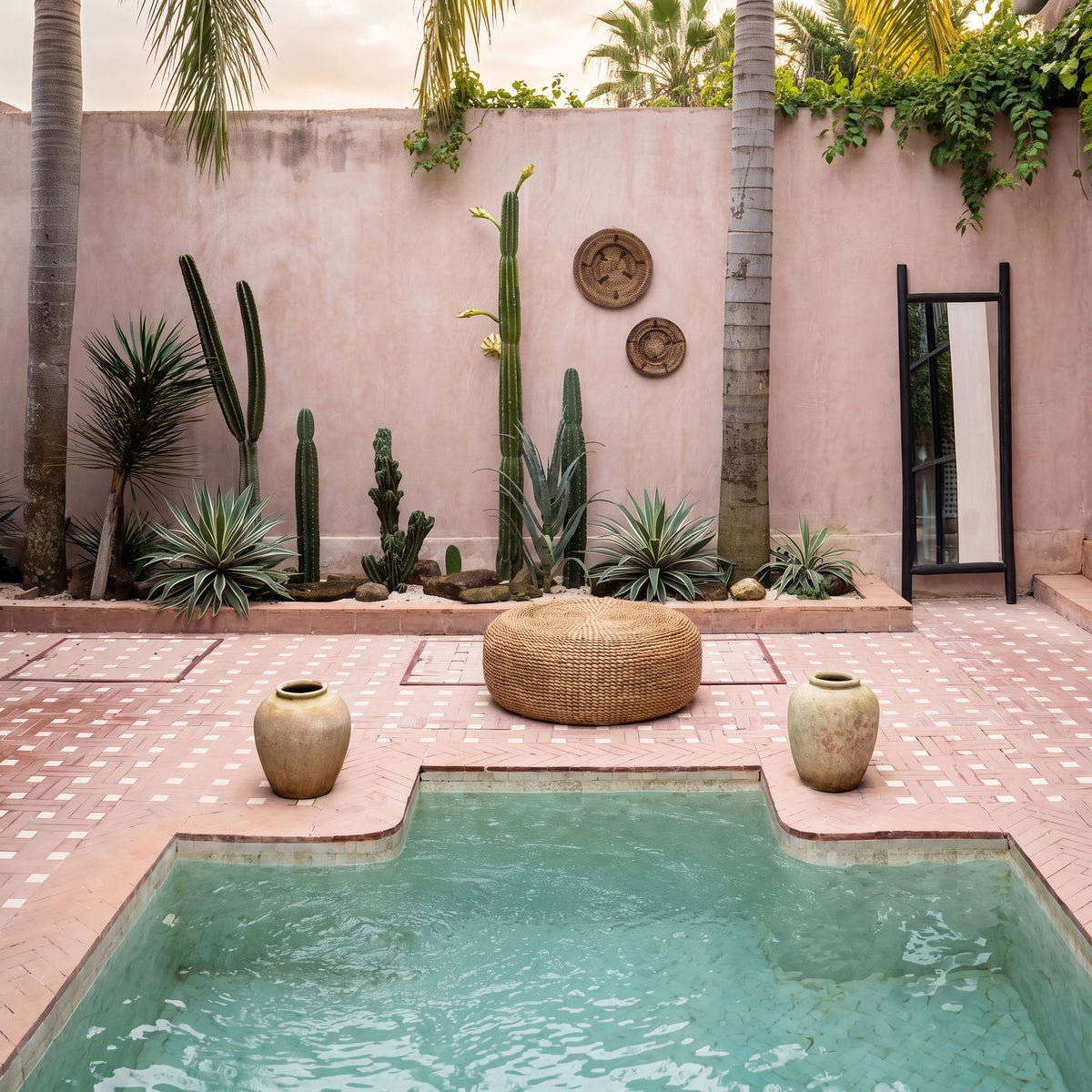 Pouf rond en jacinthe d'eau tressée dans un patio aux murs roses, entre deux jarres, devant des cactus et un bassin