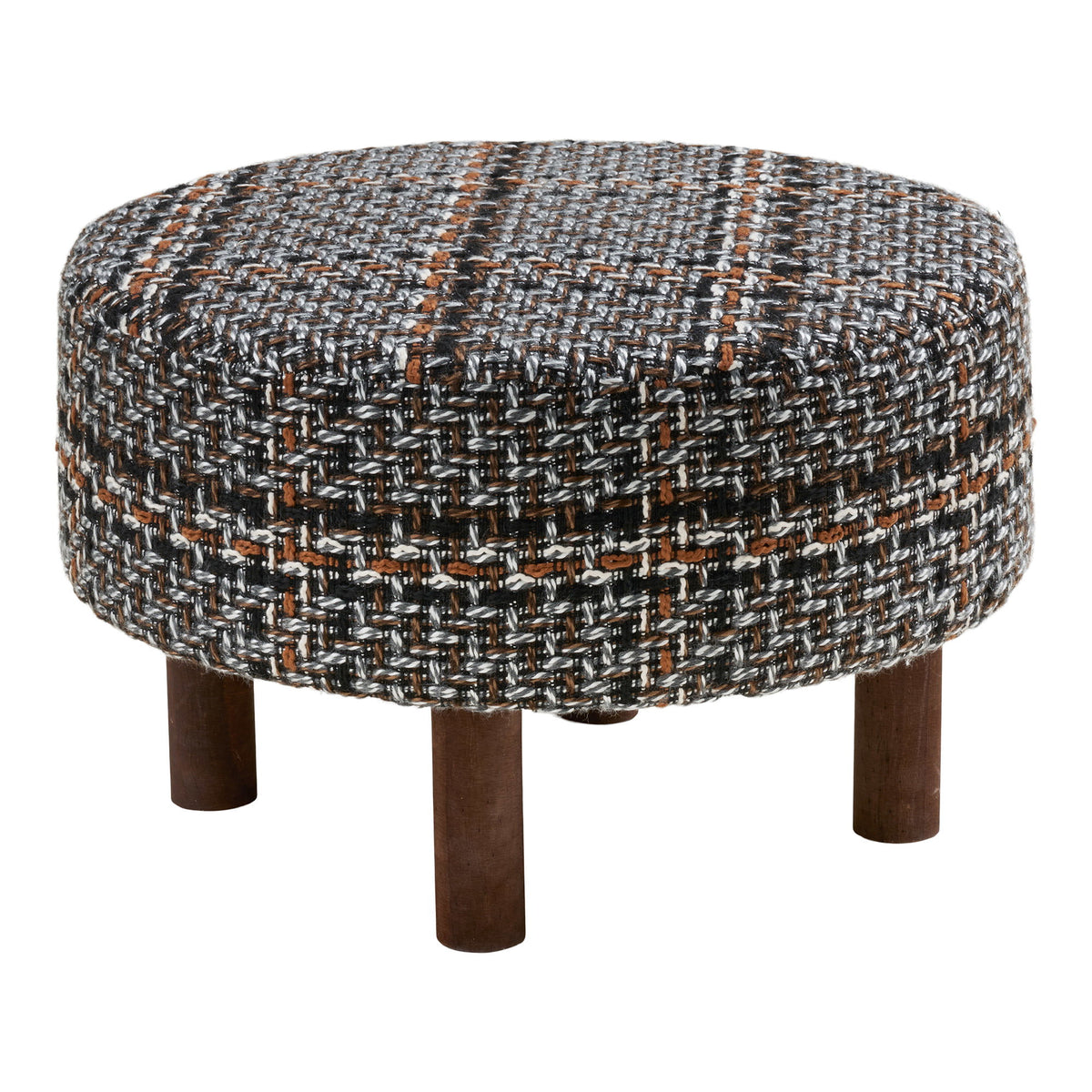 Pouf rond Falkirk en tweed chiné noir écru brun et orange vu de trois quarts sur pieds en pin brun