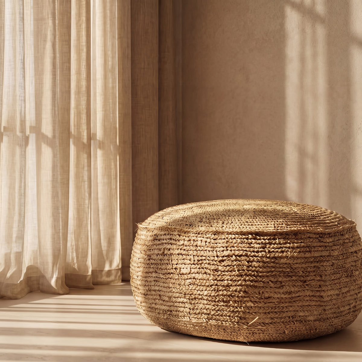 Pouf rond Flores en raphia crocheté au pied d'un voilage en lin, dans la lumière du soleil