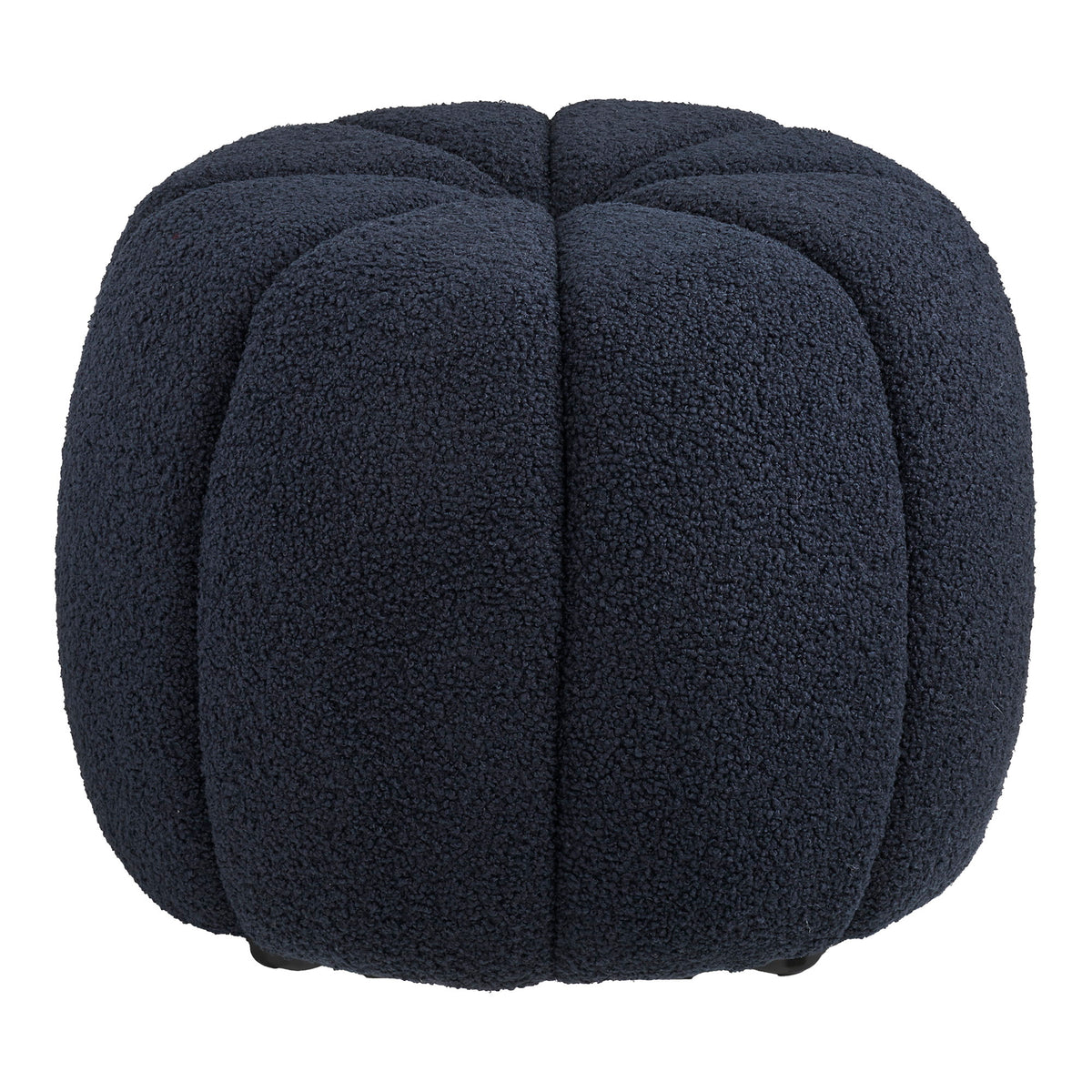 Pouf rond Paisley teddy bleu marine vu légèrement de haut avec ses côtes cousues qui se rejoignent au centre