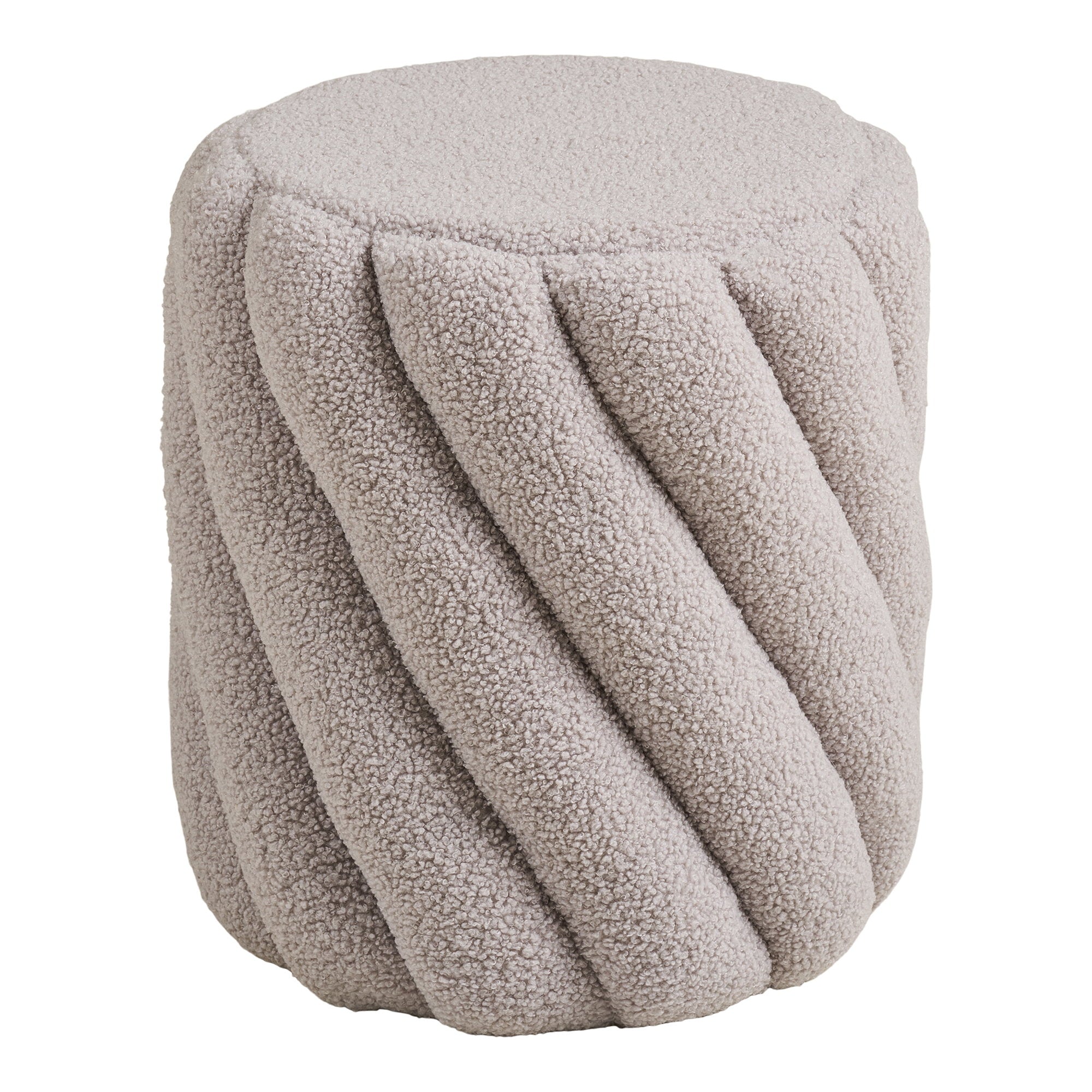 Pouf Sana teddy gris perle cannelures torsadées ø38x40 cm vue trois quarts